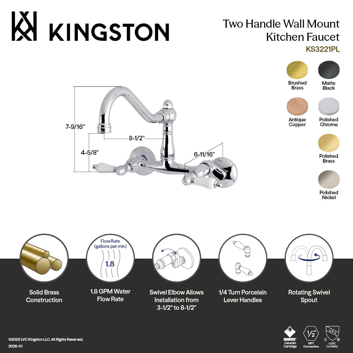 Kingston Heirloom KS3222PL - Vintage Two-Handle 2-Hole Wall Mount Bridge Kitchen Faucet, Polished Brass — thumbnail 2